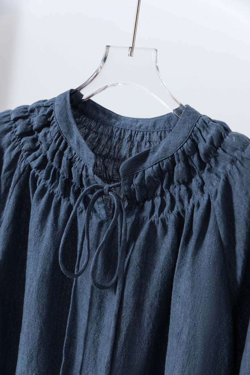 ハンドメイド感たっぷりのチュックドブラウス　 リネン100％　リネンブラウス ピンク　250810