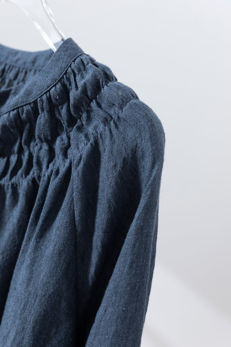 ハンドメイド感たっぷりのチュックドブラウス　 リネン100％　リネンブラウス ピンク　250810