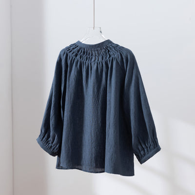 ハンドメイド感たっぷりのチュックドブラウス　 リネン100％　リネンブラウス ピンク　250810