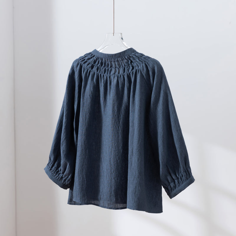 ハンドメイド感たっぷりのチュックドブラウス　 リネン100％　リネンブラウス ピンク　250810