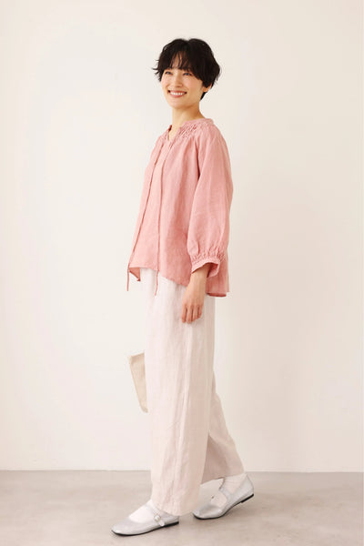 ハンドメイド感たっぷりのチュックドブラウス　 リネン100％　リネンブラウス ピンク　250810