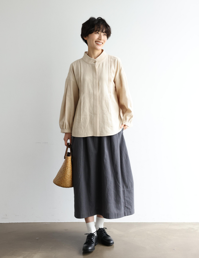 季節を超えた着心地の良さ コクーン型スカート　コットンリネン千鳥格子生地　裏地付き　ロングスカート　250401-1