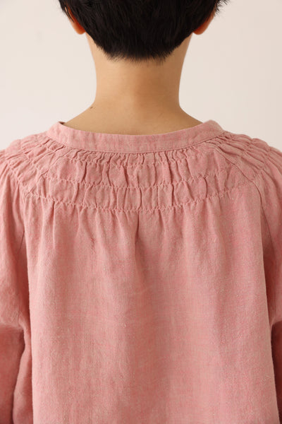 ハンドメイド感たっぷりのチュックドブラウス　 リネン100％　リネンブラウス ピンク　250810