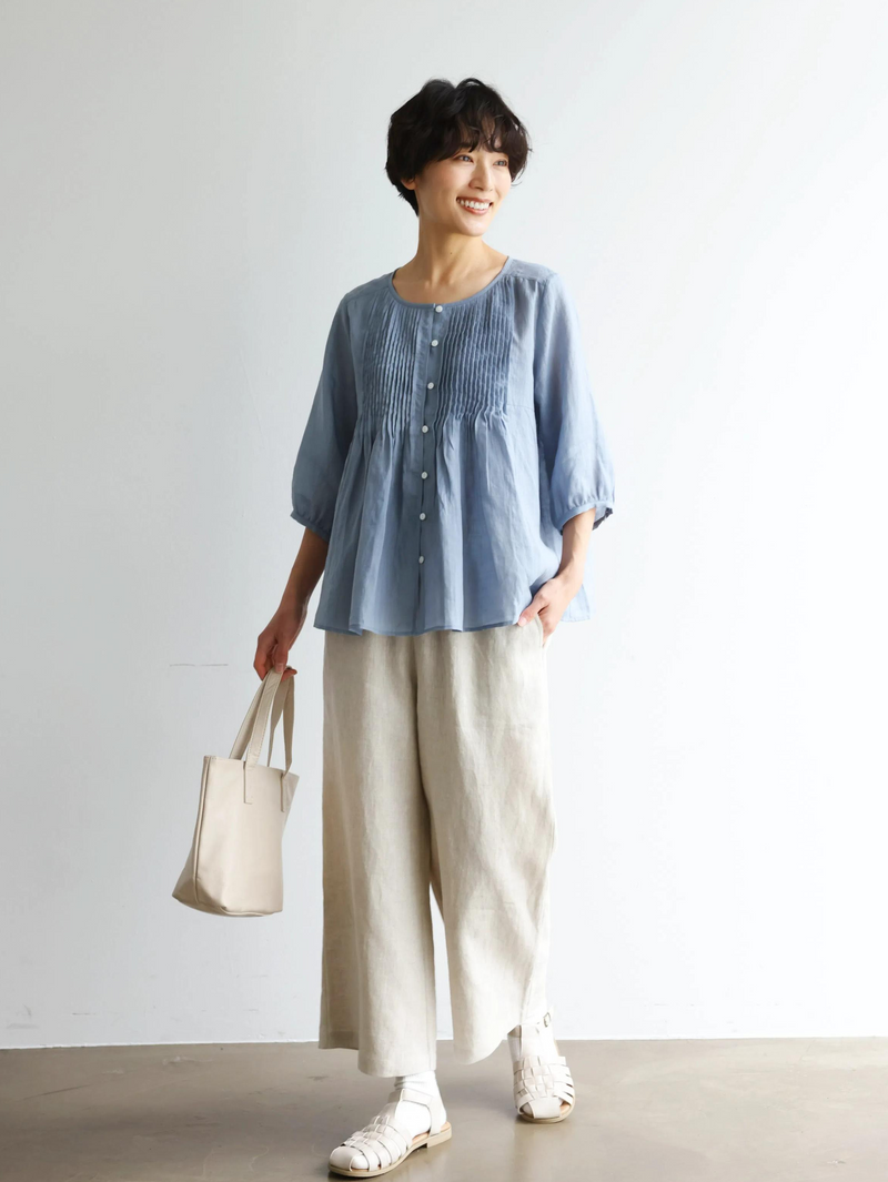 ふんわりAラインが可愛い！ 風通し良く夏らしい麻ブラウス ピンタック入りブラウス　　250422