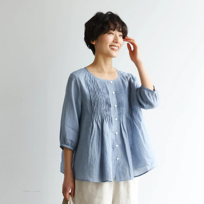 ふんわりAラインが可愛い！ 風通し良く夏らしい麻ブラウス ピンタック入りブラウス　　250422