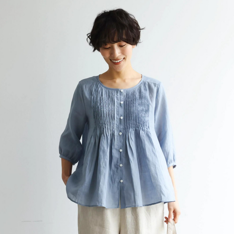 ふんわりAラインが可愛い！ 風通し良く夏らしい麻ブラウス ピンタック入りブラウス　　250422