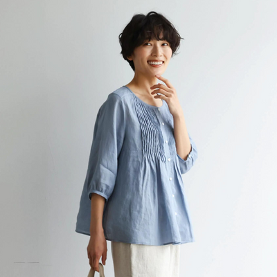 ふんわりAラインが可愛い！ 風通し良く夏らしい麻ブラウス ピンタック入りブラウス　　250422