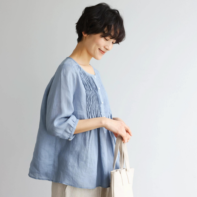 ふんわりAラインが可愛い！ 風通し良く夏らしい麻ブラウス ピンタック入りブラウス　　250422