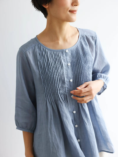 ふんわりAラインが可愛い！ 風通し良く夏らしい麻ブラウス ピンタック入りブラウス　　250422