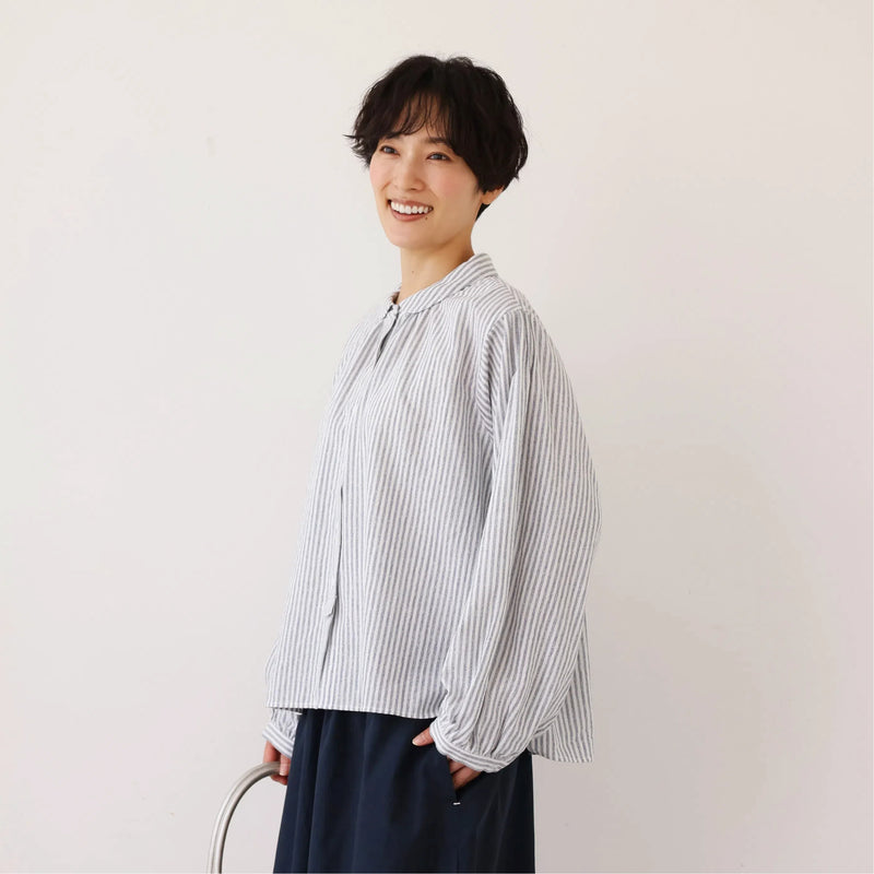 大人可愛い！ヴィンテージモードなストライプコットンリネンシャツ　250906
