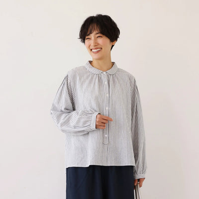大人可愛い！ヴィンテージモードなストライプコットンリネンシャツ　250906
