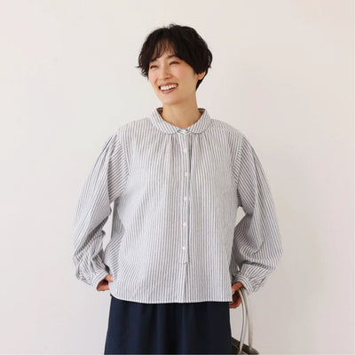 大人可愛い！ヴィンテージモードなストライプコットンリネンシャツ　250906
