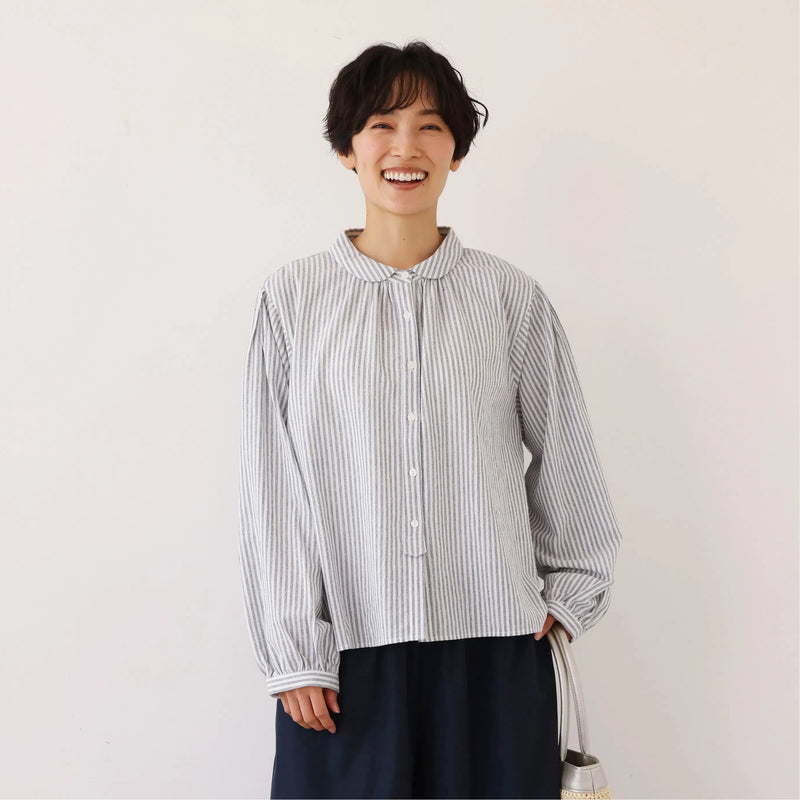 大人可愛い！ヴィンテージモードなストライプコットンリネンシャツ　250906