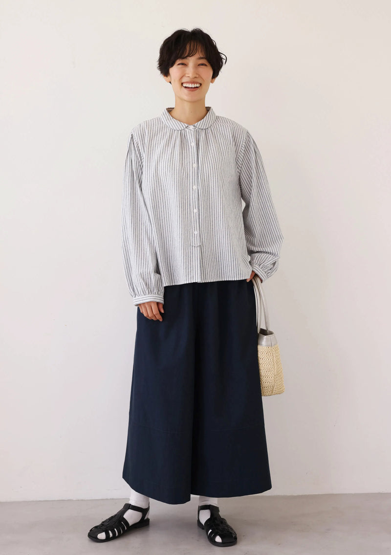 大人可愛い！ヴィンテージモードなストライプコットンリネンシャツ　250906