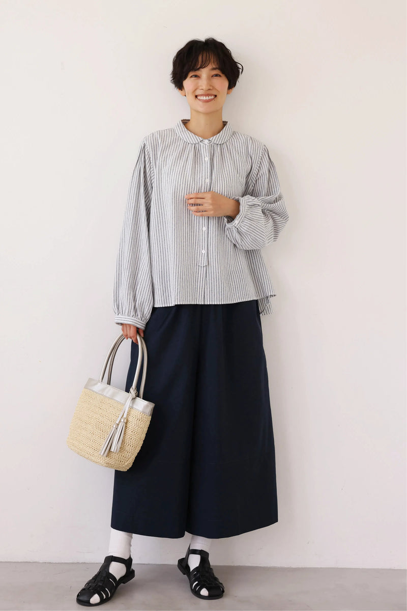 大人可愛い！ヴィンテージモードなストライプコットンリネンシャツ　250906