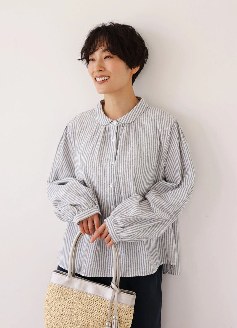 大人可愛い！ヴィンテージモードなストライプコットンリネンシャツ　250906