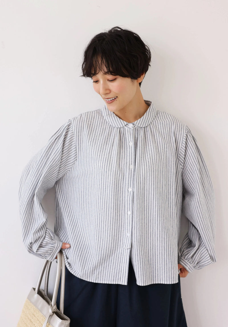 大人可愛い！ヴィンテージモードなストライプコットンリネンシャツ　250906