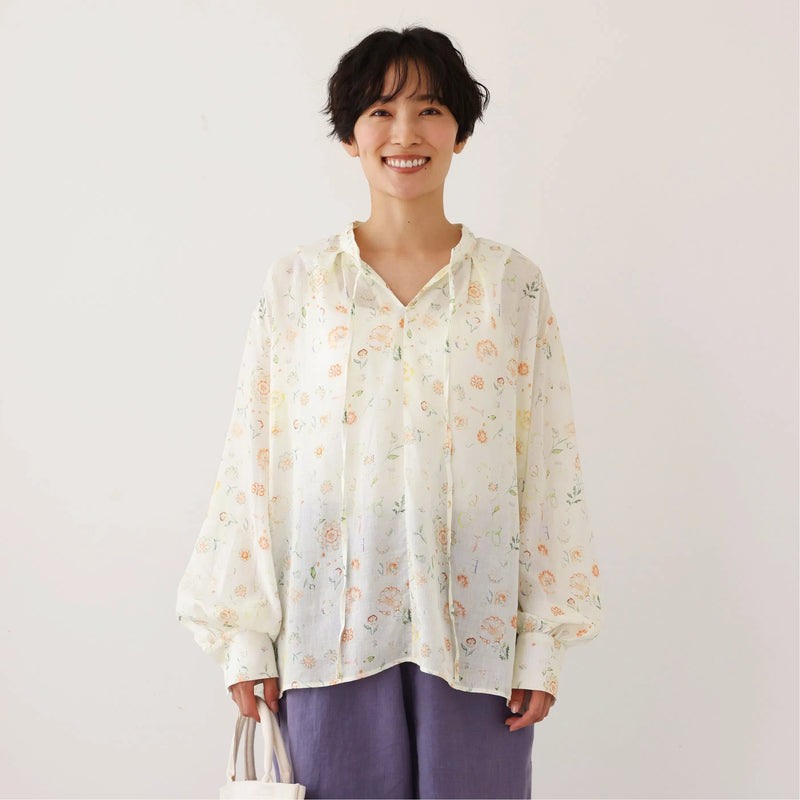 涼しげでおしゃれ！夏の日焼けとめブラウス　長袖プリントブラウス　テンセル リネン　250713-1