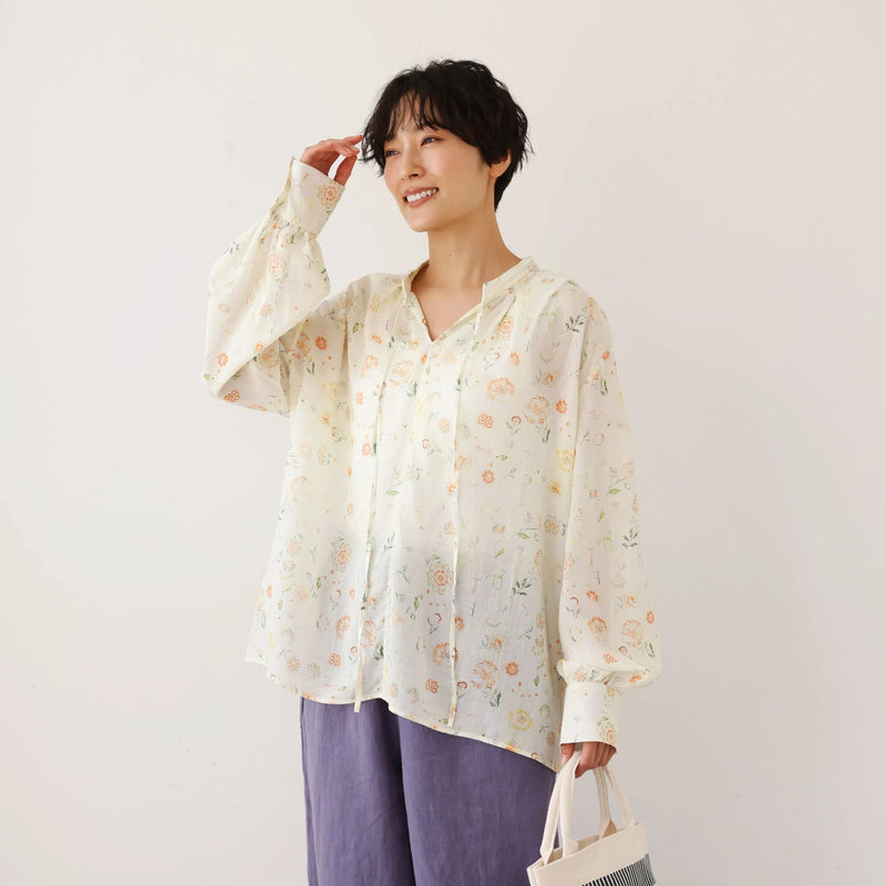 涼しげでおしゃれ！夏の日焼けとめブラウス　長袖プリントブラウス　テンセル リネン　250713-1