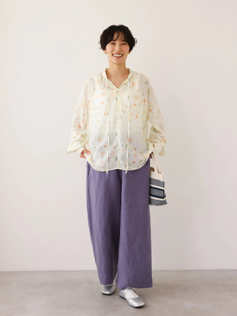 涼しげでおしゃれ！夏の日焼けとめブラウス　長袖プリントブラウス　テンセル リネン　250713-1