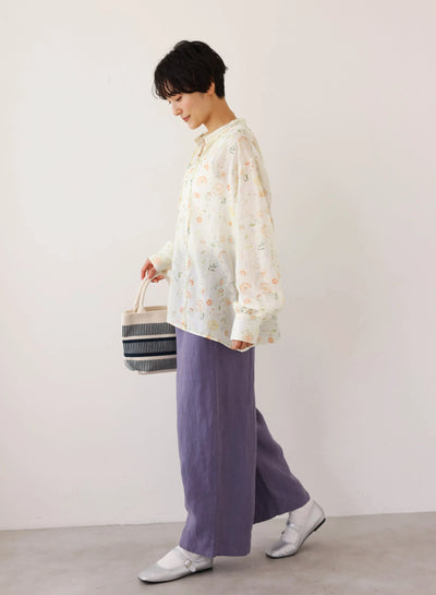 涼しげでおしゃれ！夏の日焼けとめブラウス　長袖プリントブラウス　テンセル リネン　250713-1