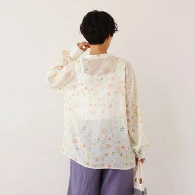 涼しげでおしゃれ！夏の日焼けとめブラウス　長袖プリントブラウス　テンセル リネン　250713-1