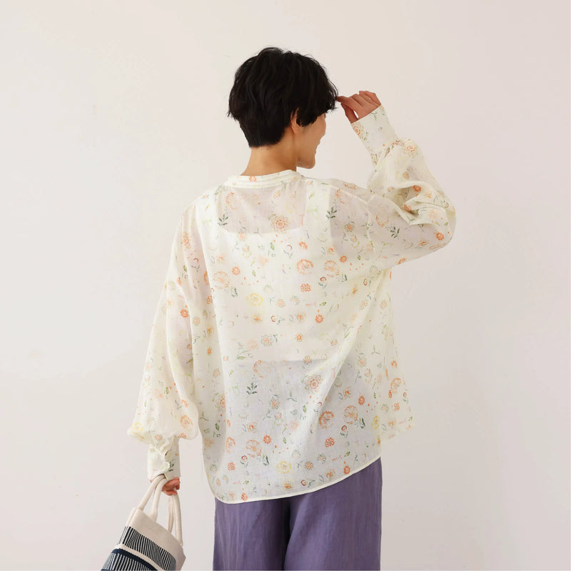 涼しげでおしゃれ！夏の日焼けとめブラウス　長袖プリントブラウス　テンセル リネン　250713-1