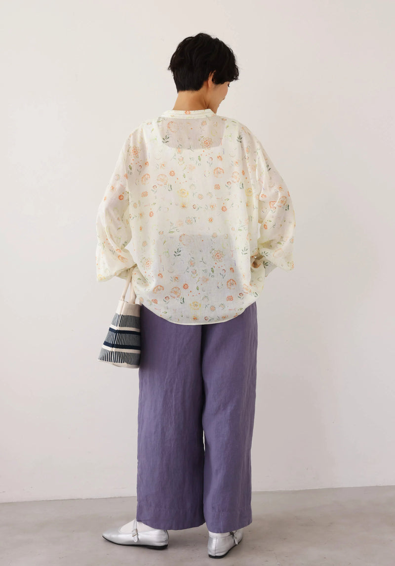 涼しげでおしゃれ！夏の日焼けとめブラウス　長袖プリントブラウス　テンセル リネン　250713-1