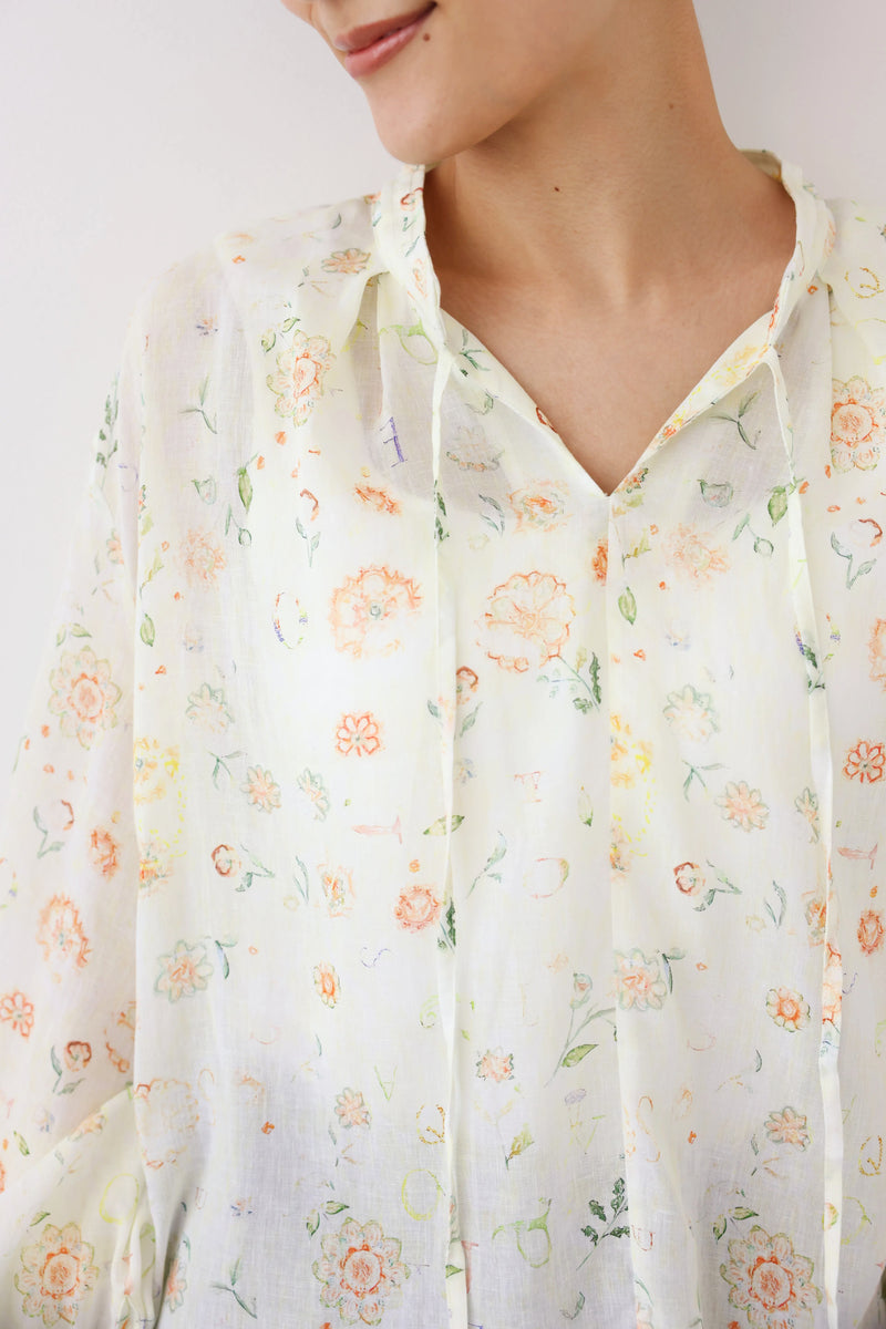 涼しげでおしゃれ！夏の日焼けとめブラウス　長袖プリントブラウス　テンセル リネン　250713-1