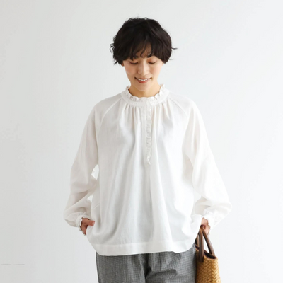 Elegant ruffled long-sleeved blouse, cotton linen, 250418 
