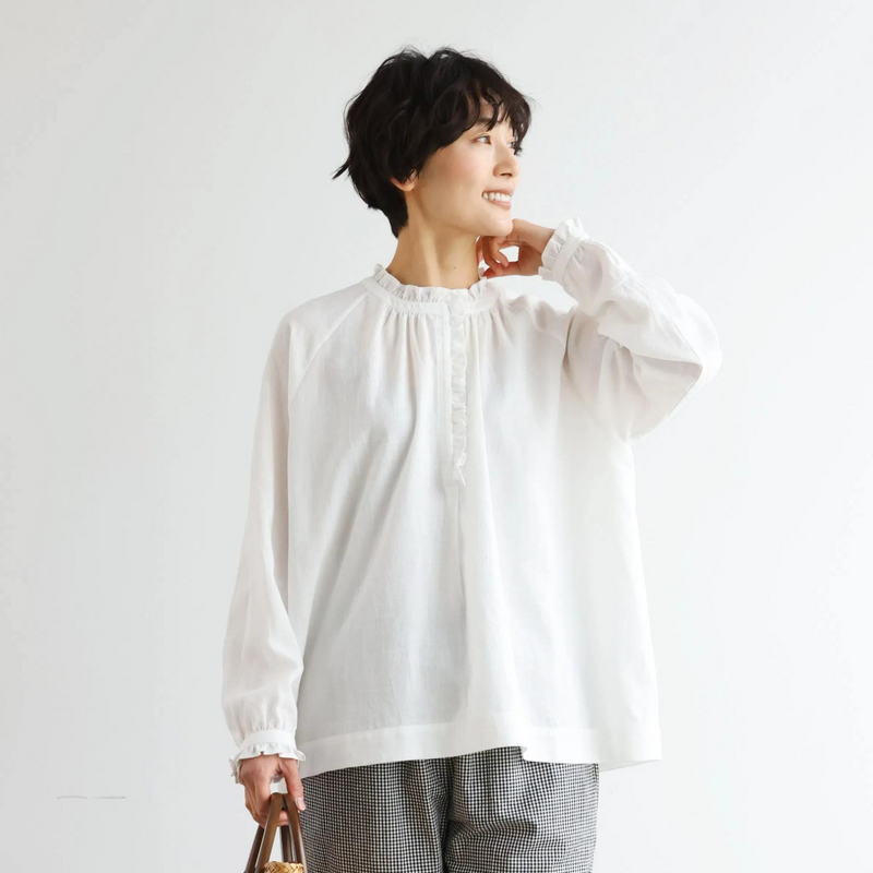 Elegant ruffled long-sleeved blouse, cotton linen, 250418 