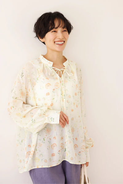 涼しげでおしゃれ！夏の日焼けとめブラウス　長袖プリントブラウス　テンセル リネン　250713-1