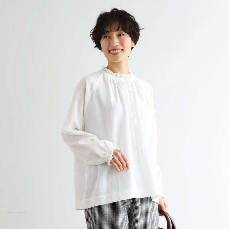 Elegant ruffled long-sleeved blouse, cotton linen, 250418 