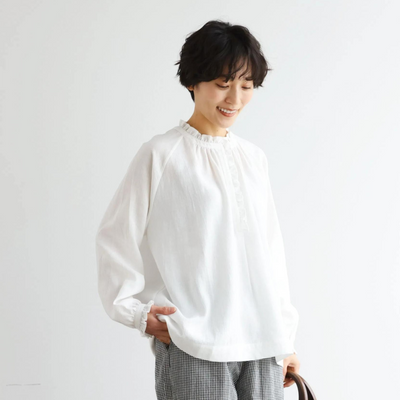 Elegant ruffled long-sleeved blouse, cotton linen, 250418 