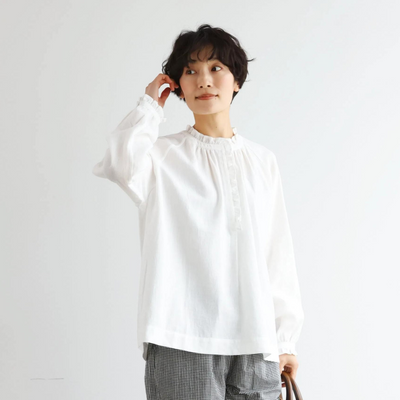 Elegant ruffled long-sleeved blouse, cotton linen, 250418 