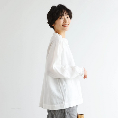 Elegant ruffled long-sleeved blouse, cotton linen, 250418 