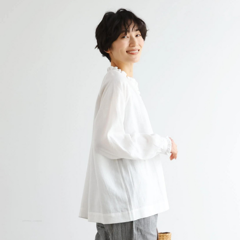 Elegant ruffled long-sleeved blouse, cotton linen, 250418 