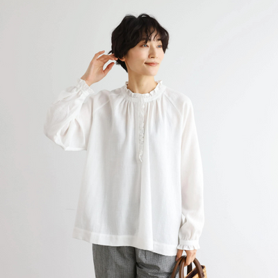 Elegant ruffled long-sleeved blouse, cotton linen, 250418 