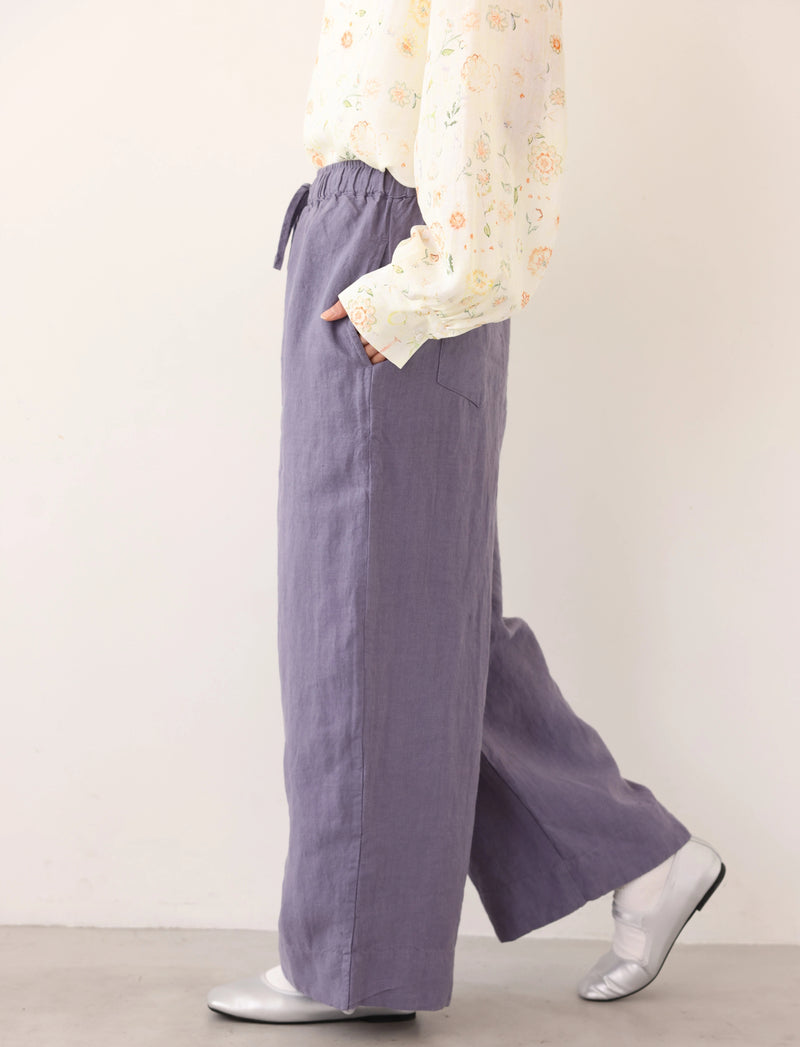 【季節を超えて愛用】高級厚手リネン ワイドストレートパンツ　ロングパンツ　250905
