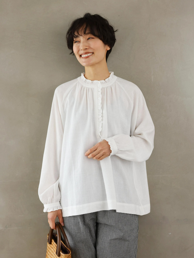 Elegant ruffled long-sleeved blouse, cotton linen, 250418 