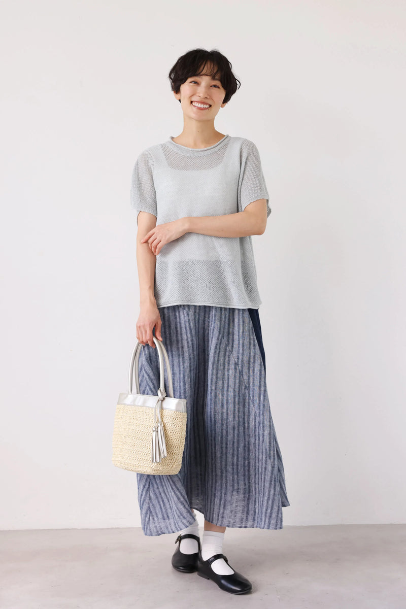 夏も冬も快適！立体編みのリネンコットンニットプルオーバー　　250703