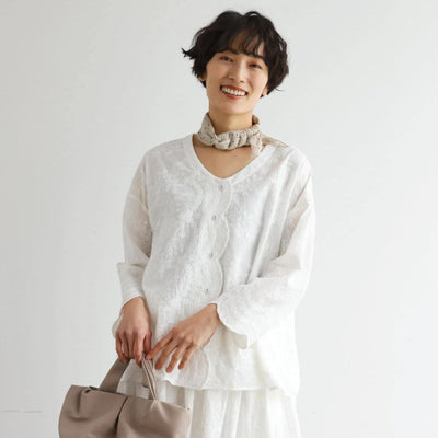 優雅で快適な七分袖レースカーディガン　刺繍コットン100％　　250511
