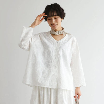 優雅で快適な七分袖レースカーディガン　刺繍コットン100％　　250511