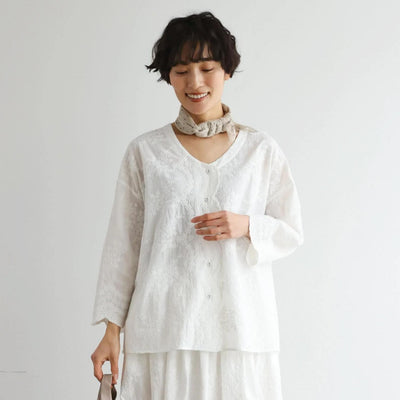 優雅で快適な七分袖レースカーディガン　刺繍コットン100％　　250511