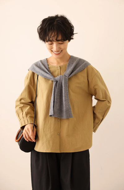 值得信賴的一件長袖襯衫上衣亞麻混紡 240923