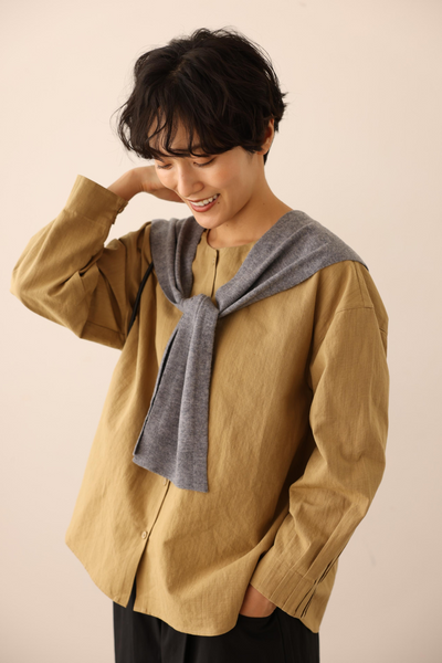 值得信賴的一件長袖襯衫上衣亞麻混紡 240923