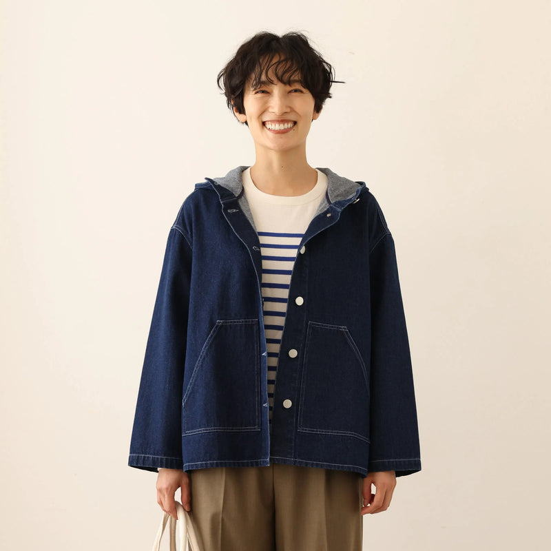 Versatile Denim Jacket with Hood, Cotton, 241002-1 