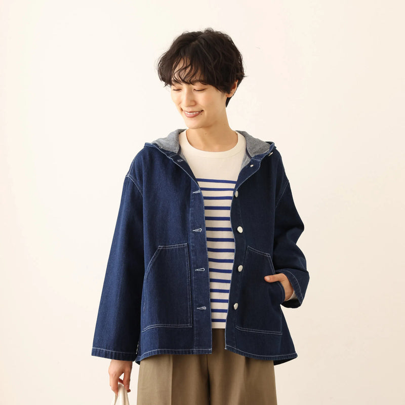 Versatile Denim Jacket with Hood, Cotton, 241002-1 