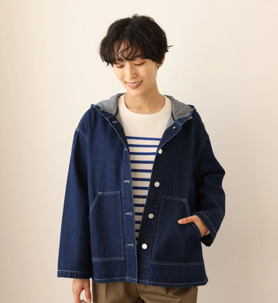 Versatile Denim Jacket with Hood, Cotton, 241002-1 