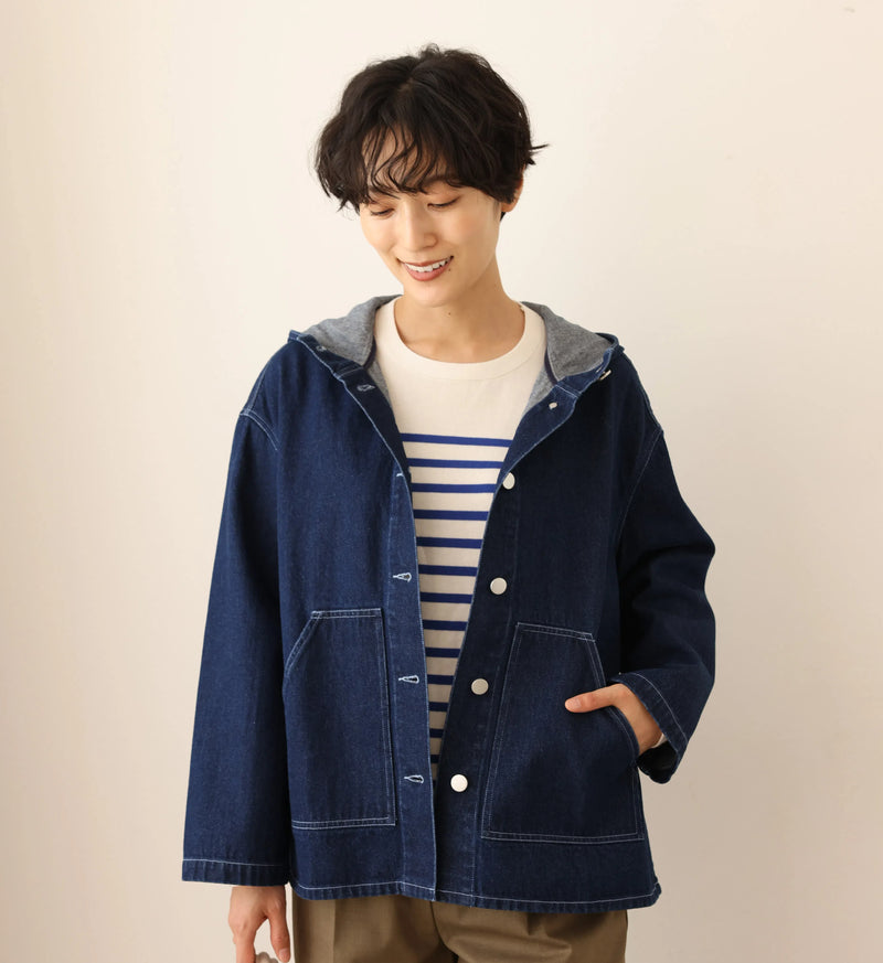 Versatile Denim Jacket with Hood, Cotton, 241002-1 